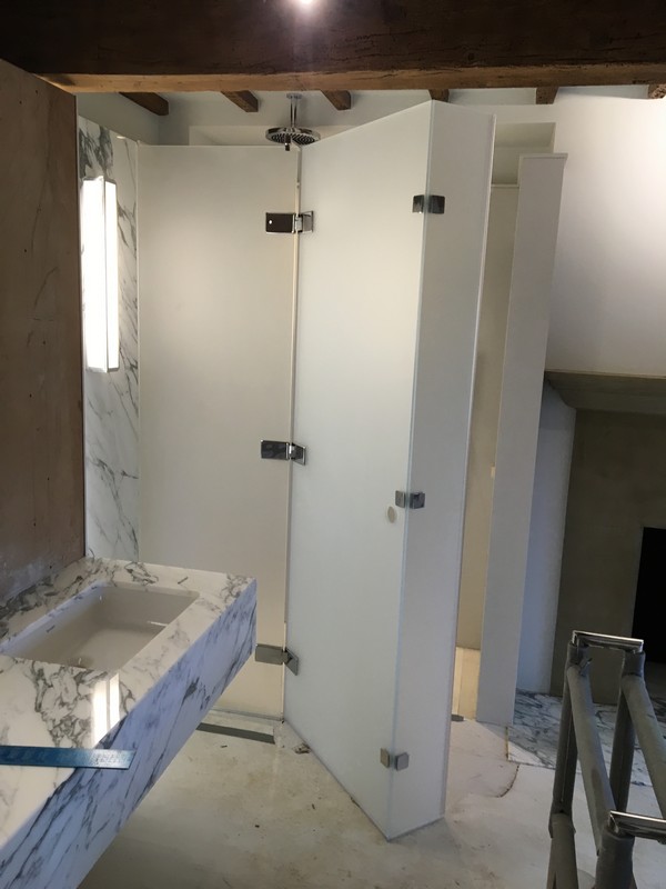 Bespoke frosted glass shower enclosure in Islington luxury bathroom